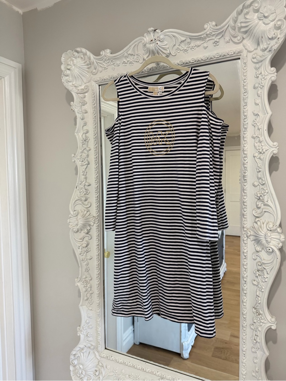 Michael Kors Cold-Shoulder Striped Dress with Gold Emblem Logo - Black/White